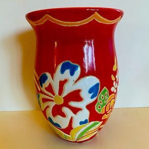 ANTHROPOLOGIE 8.5” Vase Poppy Red Raised Texture